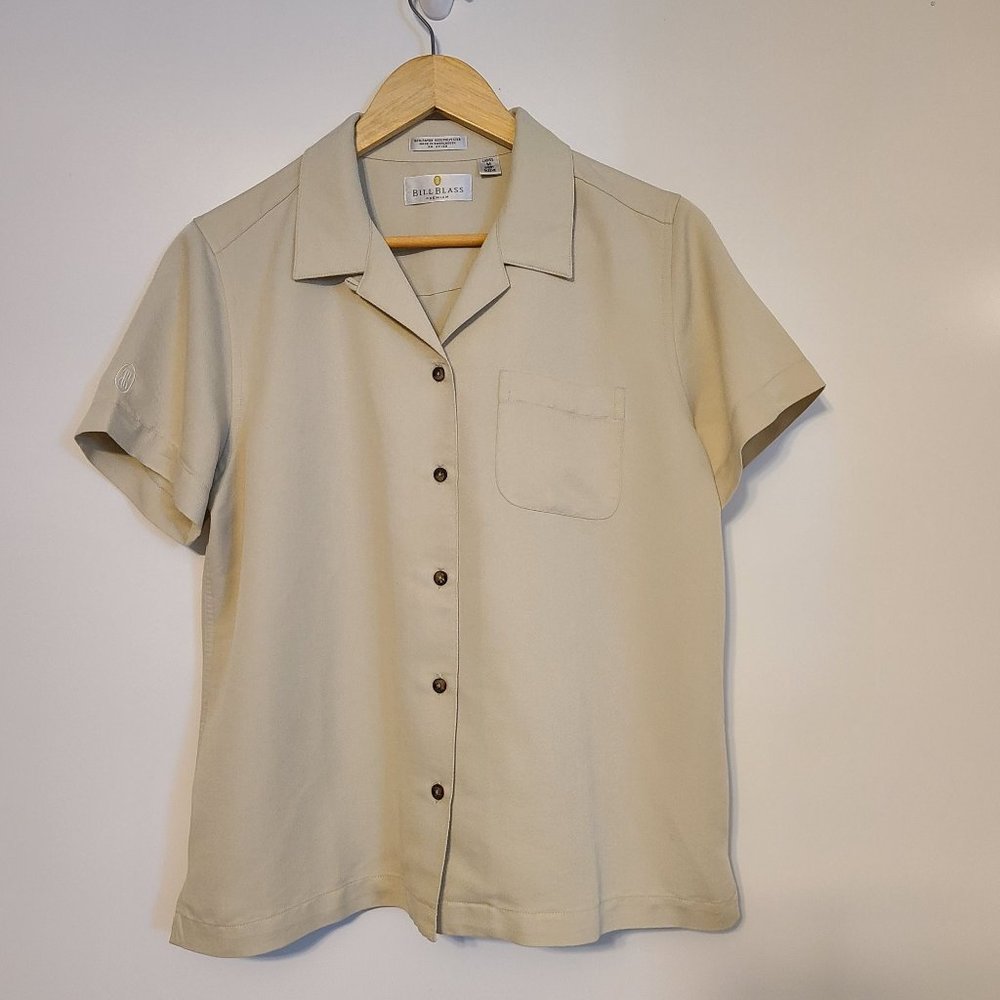 Bill Blass Women Rayon Blend Short Sleeve Button Down Top Beige Medium